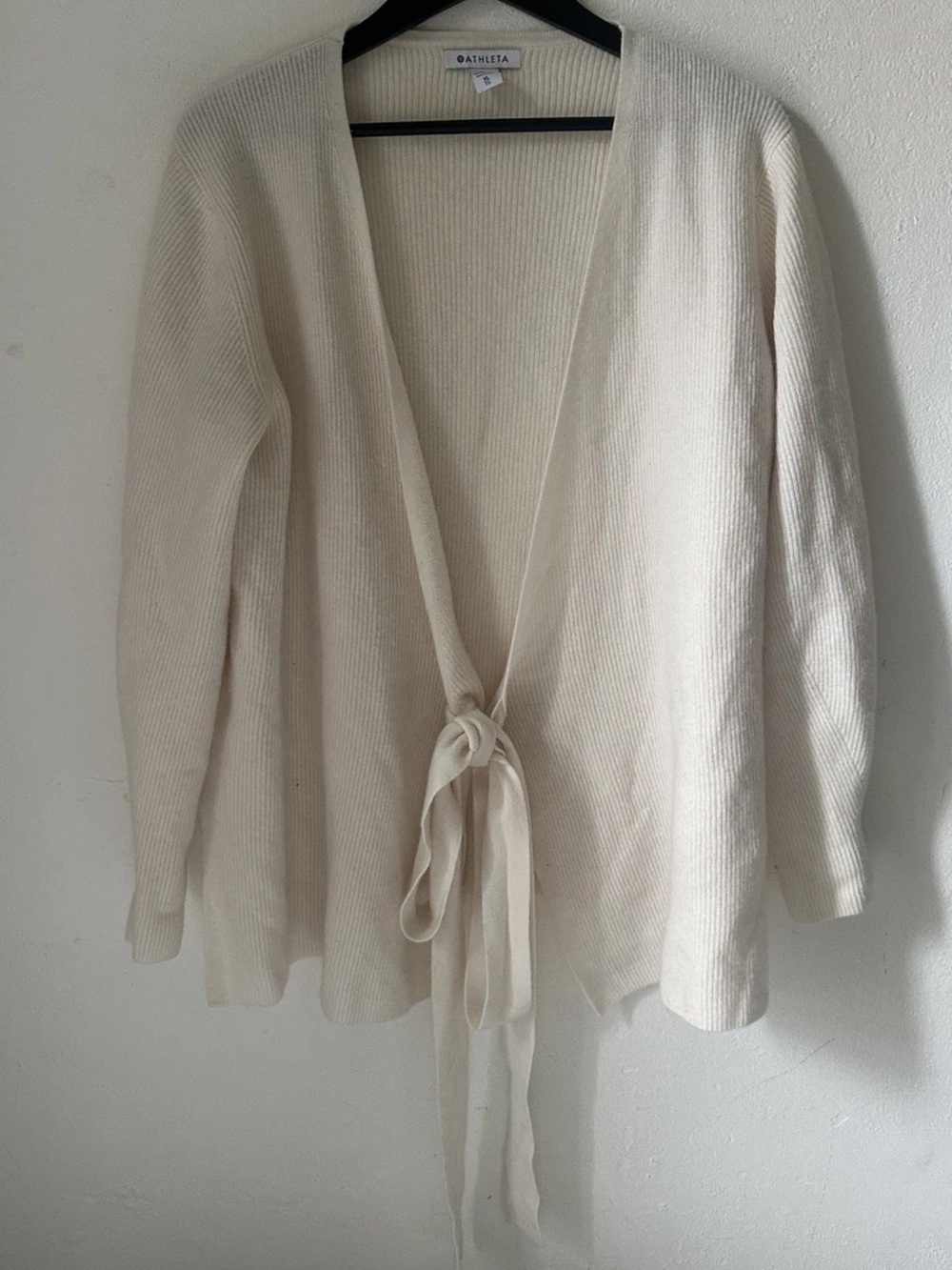 Athleta Women's XL Ivory Tie Front Rib Knit Cardigan Sweater Wrap Open Front